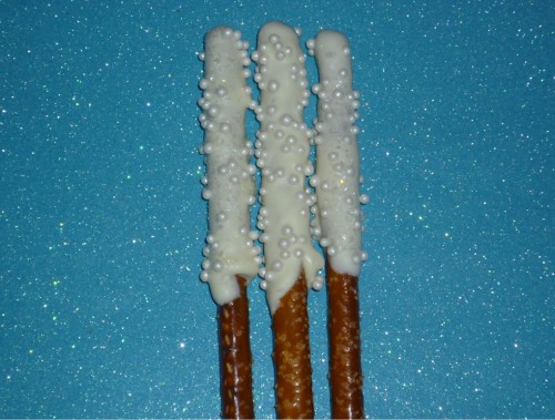 White Chocolate Covered Sugar Pearl And Glitter Pretzel Rods Order 12